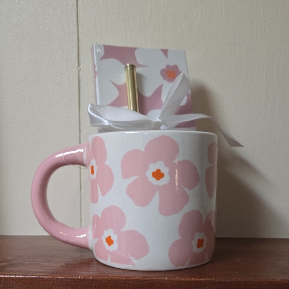 Floral Pink and White Mug with Gold Straw